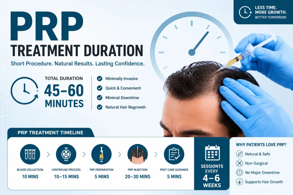 PRP treatment duration banner showing platelet-rich plasma hair therapy timeline and scalp injection procedure