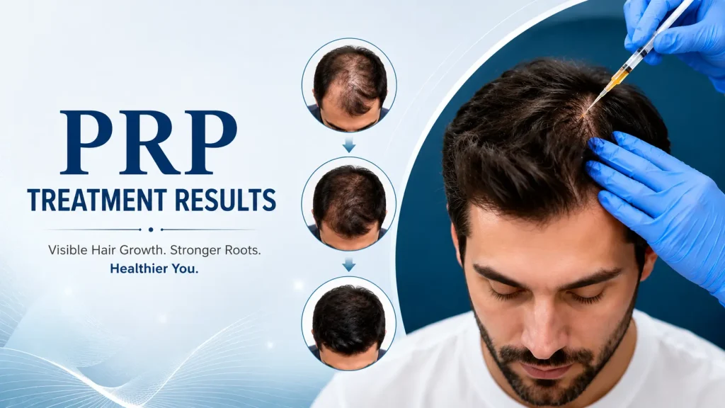 PRP treatment results banner showing natural hair restoration and advanced scalp rejuvenation therapy