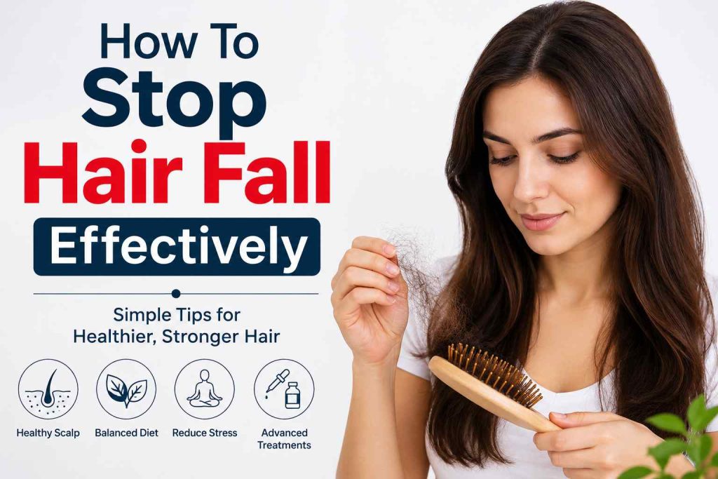 How to stop hair fall effectively with healthy scalp care, balanced nutrition, stress management, and advanced hair restoration treatments for stronger hair growth