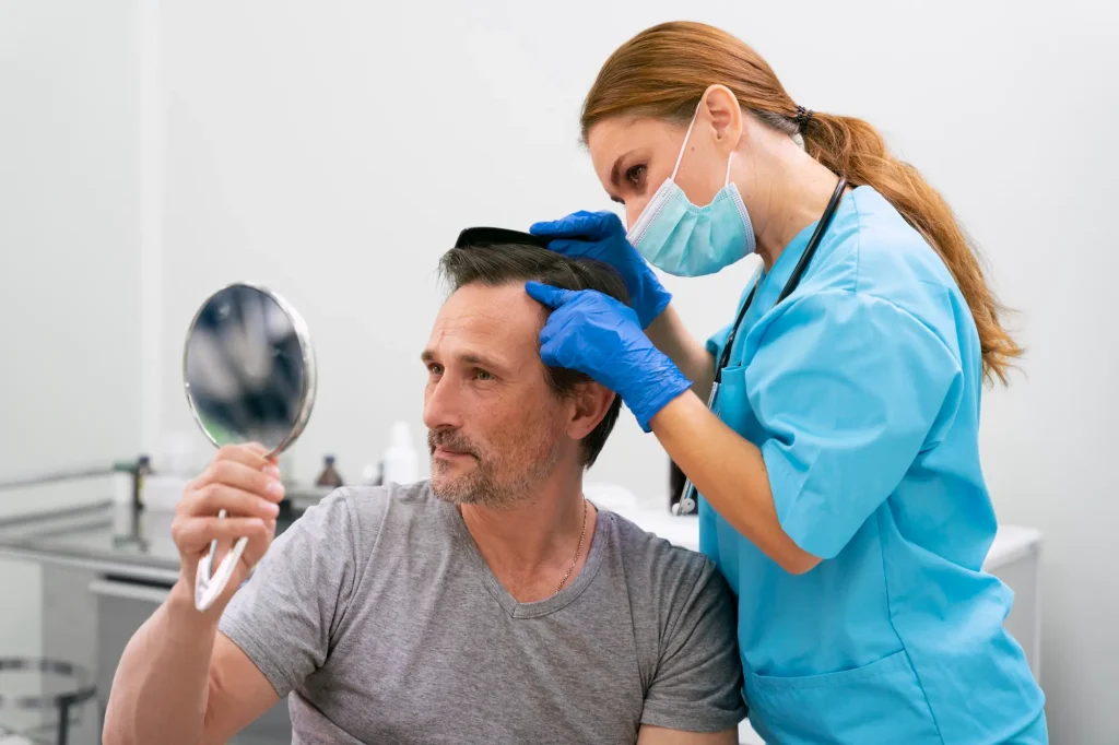 PRP-treatment-results consultation showing a dermatologist examining a male patient’s scalp and hairline while the patient checks visible hair regrowth progress in a mirror at a modern hair restoration clinic.