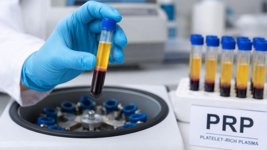 Clinical PRP therapy preparation showing platelet-rich plasma centrifuge tubes and blood sample processing, highlighting the risks, safety considerations, and medical procedures involved in PRP treatment.