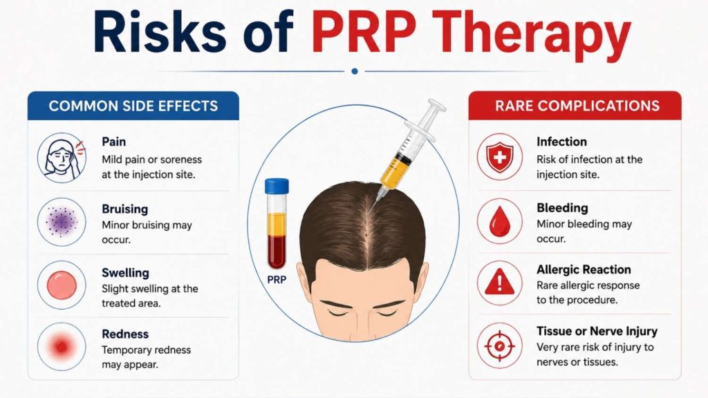 Infographic explaining the risks of PRP therapy, comparing common side effects such as pain, bruising, swelling, and redness with rare complications including infection, allergic reactions, bleeding, and nerve injury.