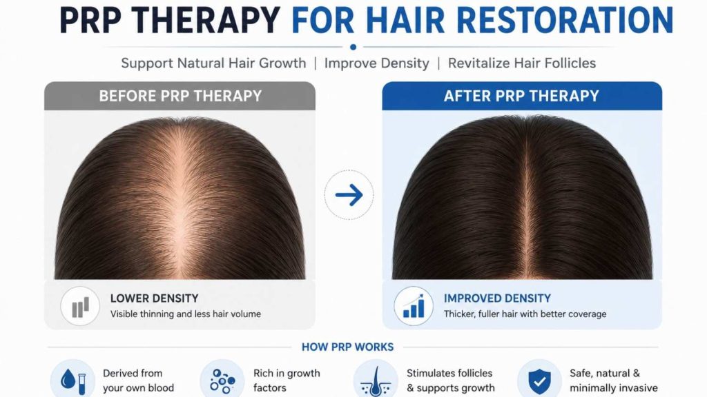 Before and after hair density comparison infographic showing the potential effects of PRP therapy for hair restoration, with visible improvement in hair coverage and scalp density over time.