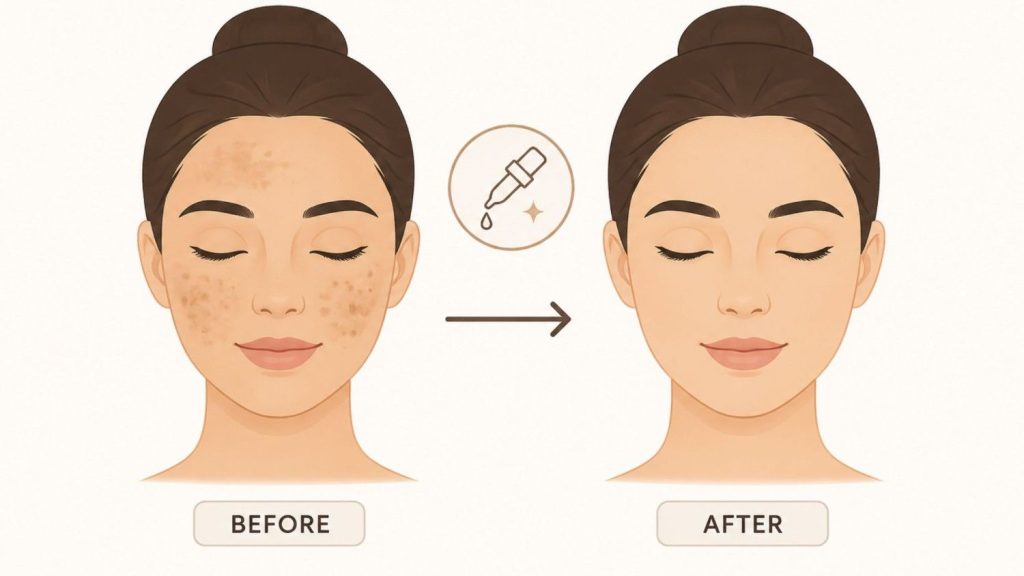 Illustration showing a facial pigmentation treatment concept with a side-by-side comparison. The left face displays visible dark spots and uneven skin tone, while the right face appears clearer and more even-toned. A treatment serum icon and directional arrow indicate the improvement process.