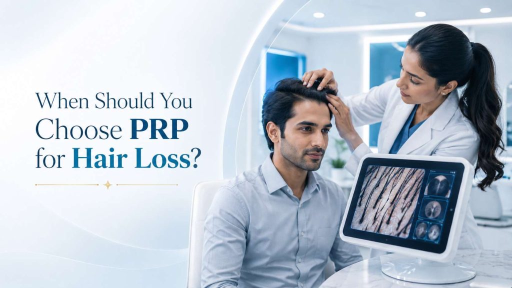 When Should You Choose PRP for Hair Loss consultation banner showing a dermatologist performing scalp analysis with advanced hair imaging technology and personalized hair restoration assessment.
