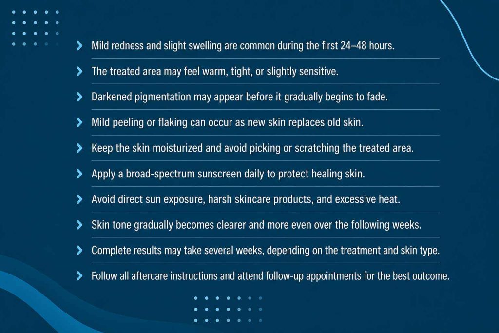 What to expect during Pigmentation Treatment Recovery Time including redness, peeling, skin healing, and aftercare tips
