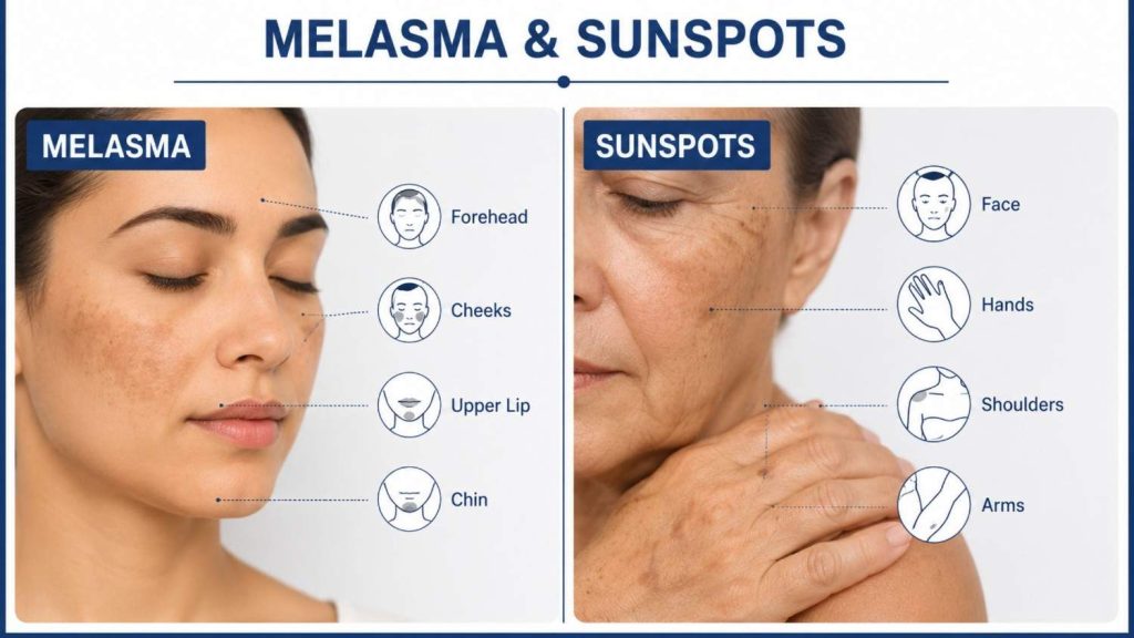 Comparison image showing melasma and sunspots on facial skin, highlighting common pigmentation patterns and areas affected by uneven skin discoloration.