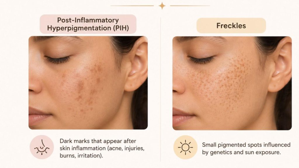 Educational infographic comparing post-inflammatory hyperpigmentation (PIH) and freckles. The left side shows facial skin with dark patches and marks associated with PIH, while the right side displays small, scattered pigmented spots characteristic of freckles. The layout highlights the visual differences between the two conditions.