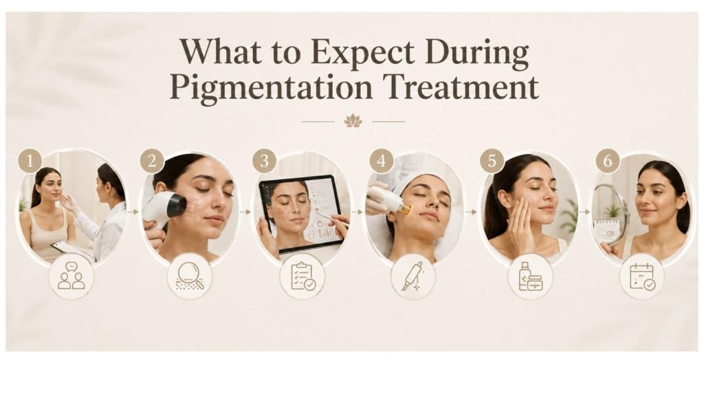 Illustration showing the pigmentation treatment process, including consultation, skin analysis, customized treatment planning, treatment sessions, and follow-up care for clearer and more even-toned skin.