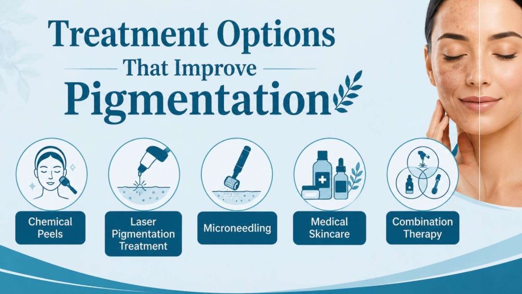 Pigmentation Treatment Before and After infographic illustrating chemical peels, laser pigmentation treatment, microneedling, medical skincare, and combination therapy for clearer, even-toned skin.
