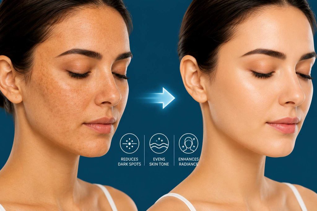 Pigmentation Treatment Procedure showing improvement in facial skin tone with reduced dark spots and a clearer complexion after treatment.