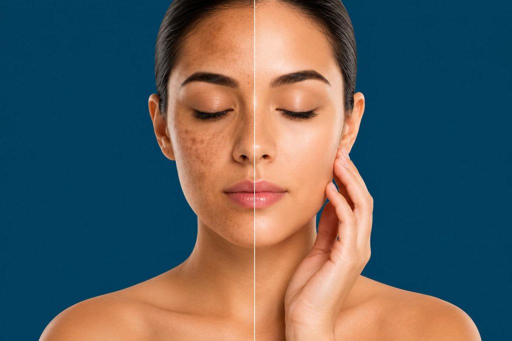 Pigmentation Treatment Procedure image showing facial skin before and after treatment with visible reduction in pigmentation and clearer complexion.