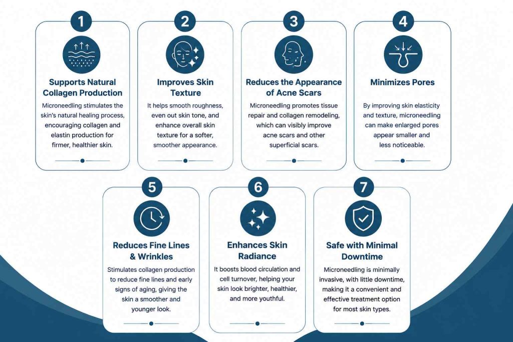 Infographic showing 7 powerful benefits of microneedling treatment in Pala, including collagen production, smoother skin texture, acne scar improvement, and minimized pores.