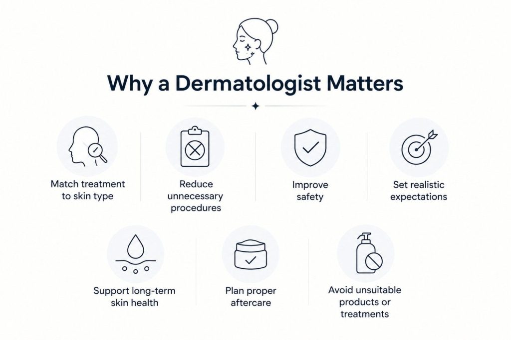 Minimal infographic highlighting the benefits of consulting a dermatologist, including matching treatment to skin type, reducing unnecessary procedures, improving safety, setting realistic expectations, supporting long-term skin health, planning proper aftercare, and avoiding unsuitable products or treatments.