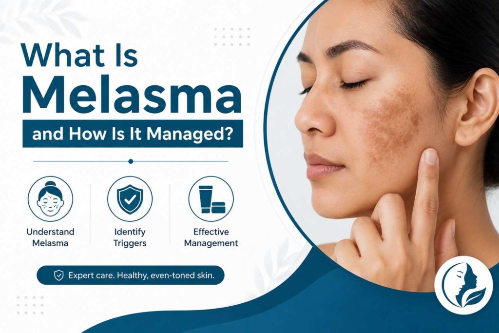 Featured image for a dermatology article on melasma, showing a woman with facial pigmentation alongside the title "What Is Melasma and How Is It Managed?" in a clean, professional medical design.
