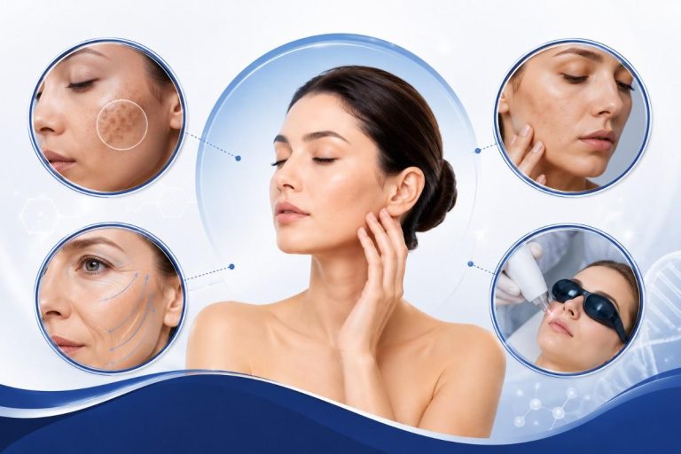 Aesthetic Clinic in Pala illustration showcasing common skin and aesthetic concerns, including pigmentation, acne, aging skin, and laser treatments, represented through clean, modern dermatology-themed visuals in a premium blue color palette.