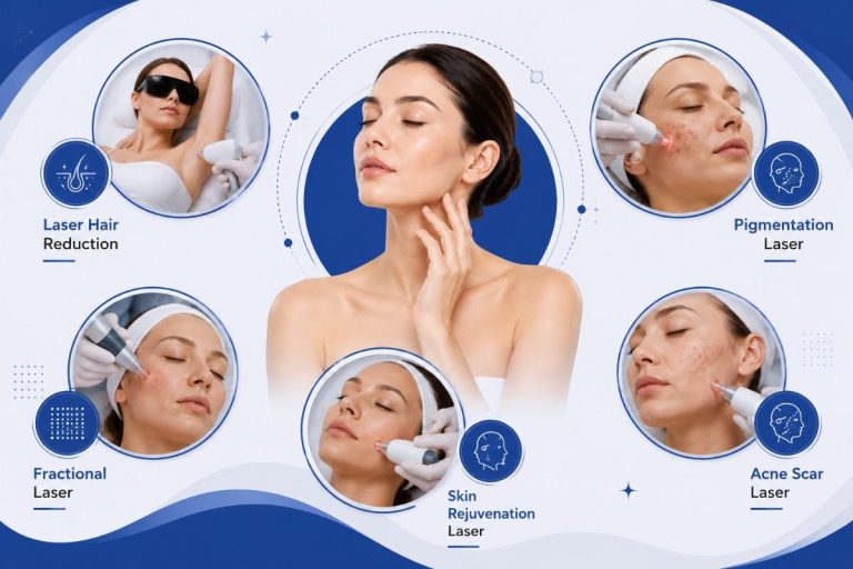 Laser Treatment in Pala illustration showcasing advanced aesthetic laser procedures, including laser hair reduction, pigmentation laser treatment, fractional laser therapy, skin rejuvenation laser, and acne scar laser treatment in a modern dermatology clinic.