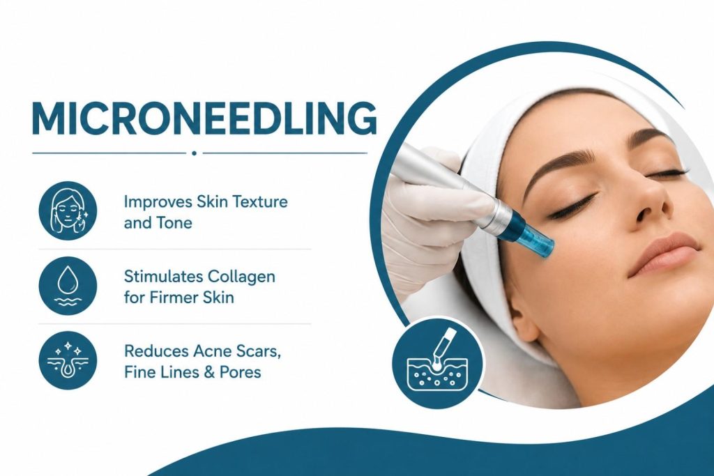 Microneedling treatment illustration showing a skincare professional performing a microneedling procedure on a patient's face, designed in a clean white and teal (#1A5F7A) medical theme.