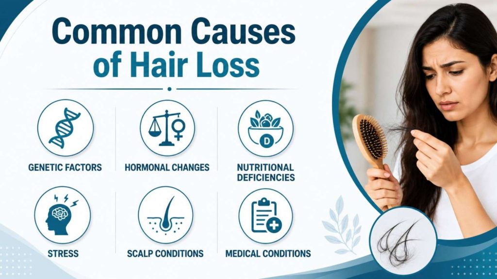 Common causes of hair loss infographic from a Hair Clinic in Pala showing genetic factors, hormonal changes, nutritional deficiencies, stress, scalp conditions, and medical conditions affecting hair health.