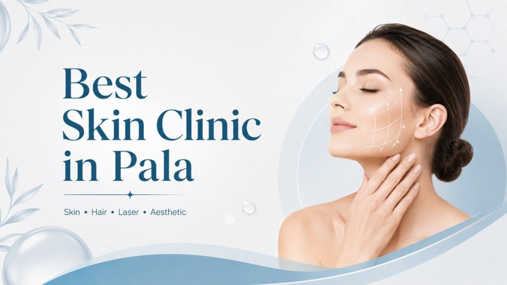 Best Skin Clinic in Pala featured image with elegant skin care visuals, blue and white design, and dermatology aesthetic theme.