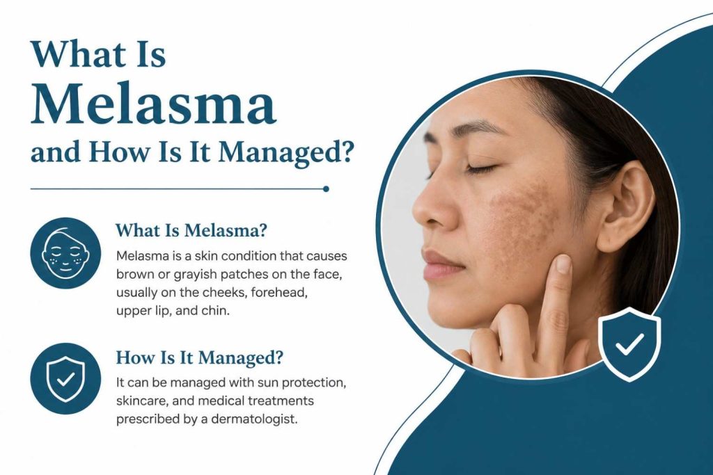Medical infographic explaining what melasma is and how it is managed, featuring a woman with facial pigmentation, a clean white background, teal design elements, and simple educational text.