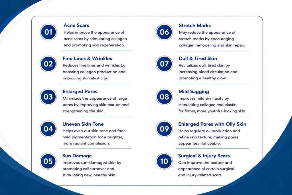 Infographic showing the common skin concerns treated with microneedling, including acne scars, wrinkles, enlarged pores, uneven skin tone, stretch marks, and sun damage.