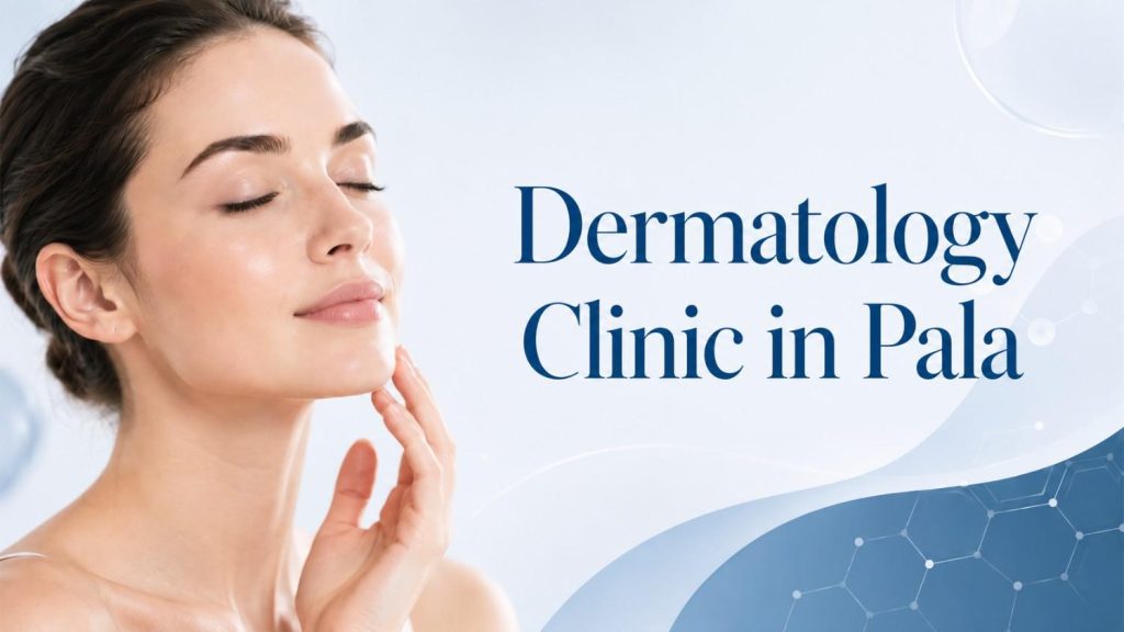 Dermatology Clinic in Pala featured image with glowing skin model, blue clinical design, and modern skin care theme.