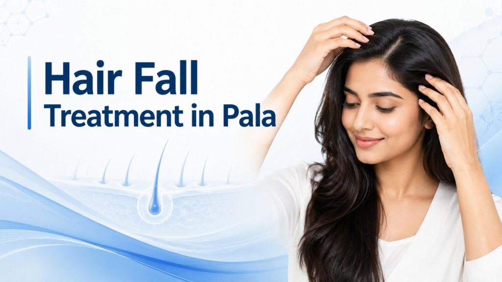 Hair Fall Treatment in Pala featured image with a woman checking her hair, blue clinical design, and scalp care theme.