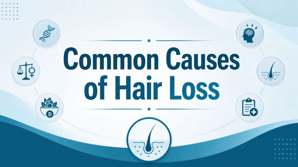 Hair Clinic in Pala feature image illustrating healthy hair care, scalp wellness, and the common causes of hair loss with a clean medical-themed design.