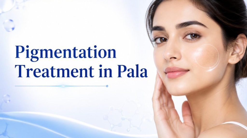 Pigmentation Treatment in Pala featured image with clear skin model, blue clinical design, and pigmentation care theme.