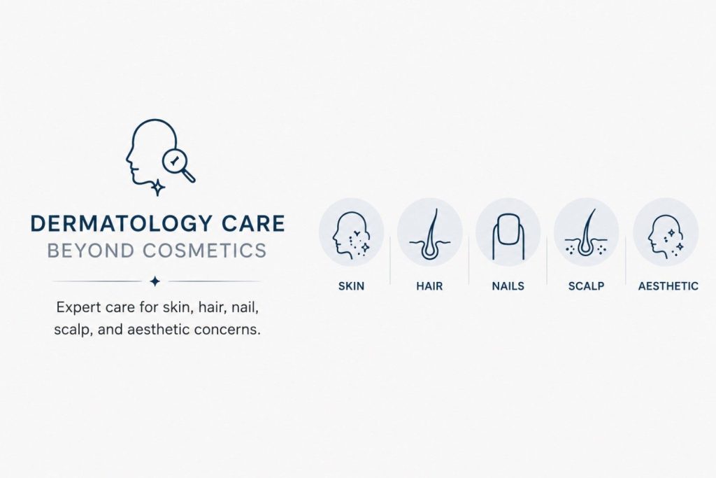 Minimal promotional graphic highlighting dermatology care beyond cosmetic treatments, featuring icons representing skin, hair, nails, scalp, and aesthetic care with a short message about expert dermatology services.