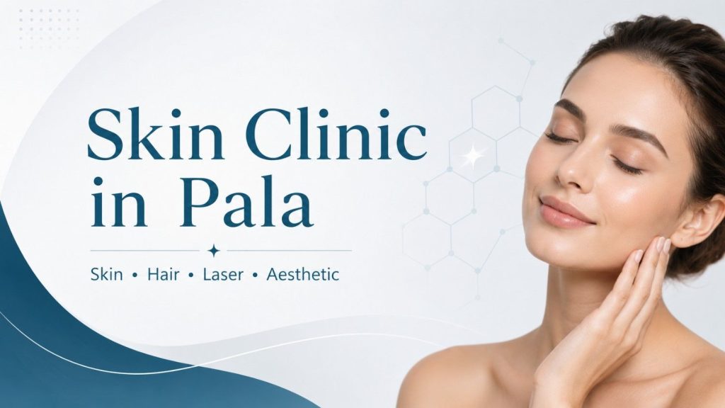 Skin Clinic in Pala featured image with clean blue and white dermatology design, glowing skin model, and minimal skin care theme.