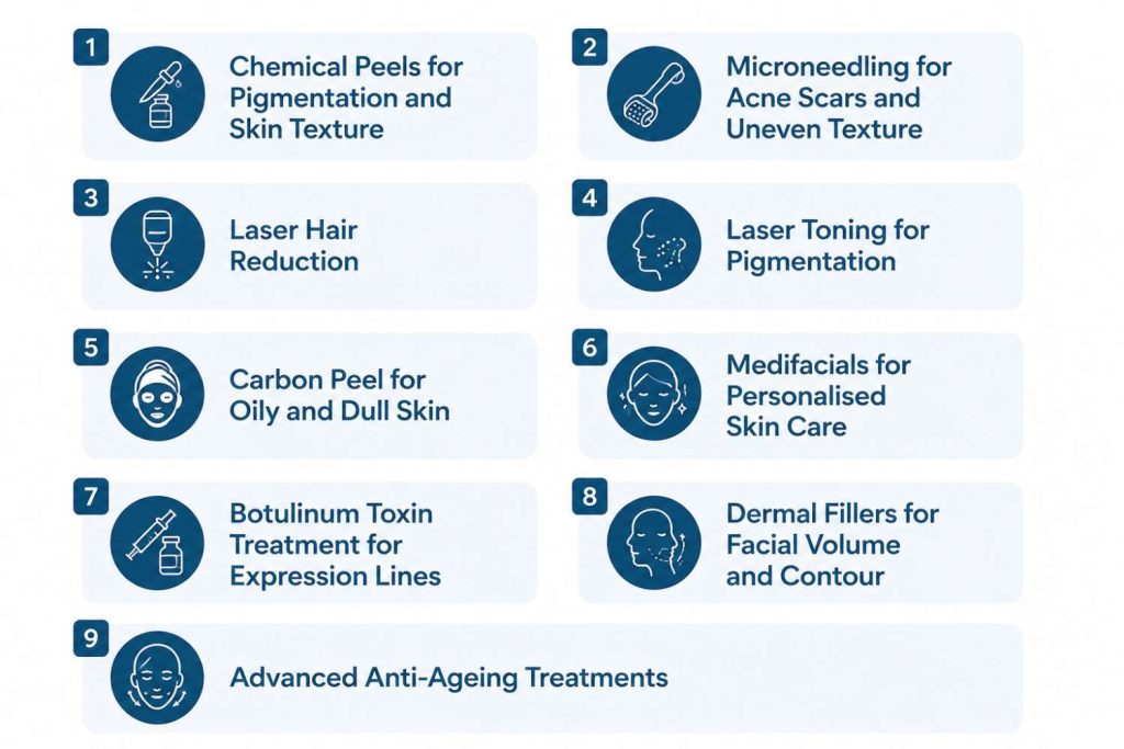 Minimal dermatology treatment infographic featuring nine advanced cosmetic procedures, including Chemical Peels, Microneedling, Laser Hair Reduction, Laser Toning, Carbon Peel, Medifacials, Botulinum Toxin Treatment, Dermal Fillers, and Advanced Anti-Ageing Treatments. The design uses a clean white background with teal-blue accents and simple medical icons.