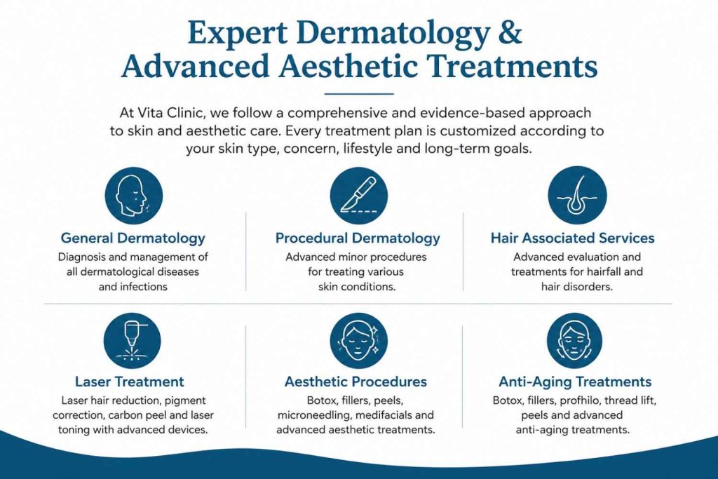 Professional dermatology and aesthetic treatments infographic featuring six core services: General Dermatology, Procedural Dermatology, Hair Associated Services, Laser Treatment, Aesthetic Procedures, and Anti-Aging Treatments. The design uses a clean white background with teal-blue accents and minimalist medical icons.