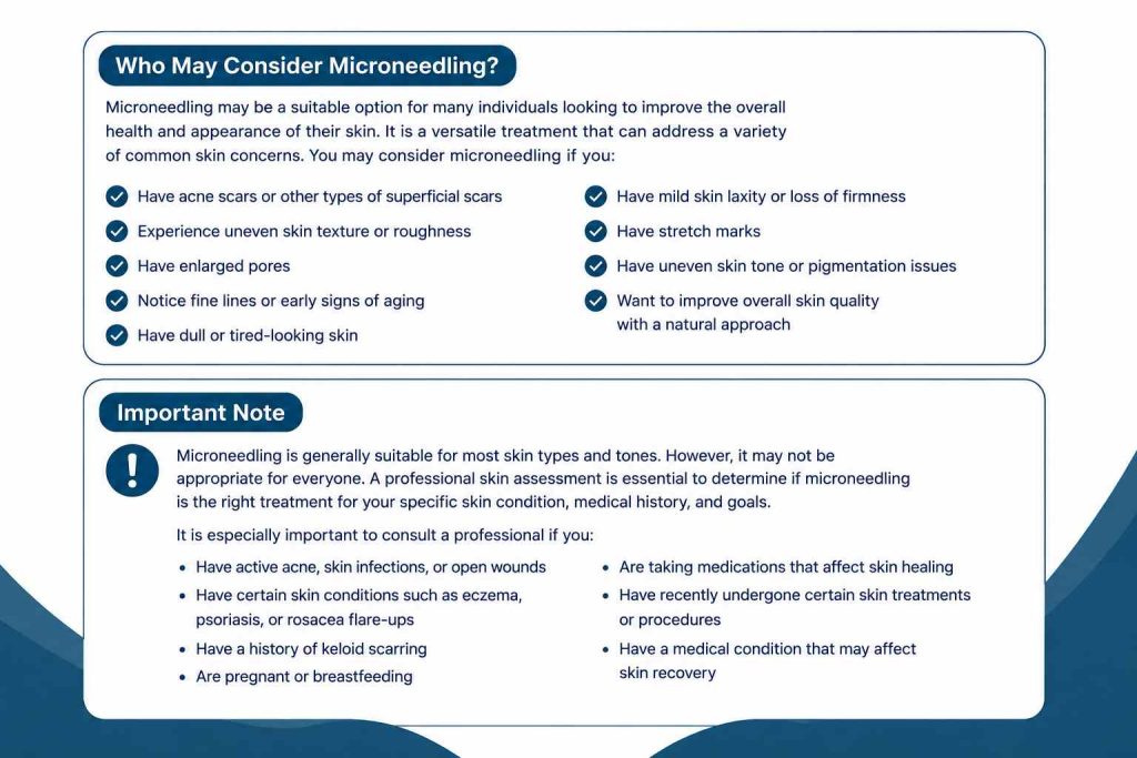 Infographic explaining who may consider microneedling, including people with acne scars, uneven skin texture, enlarged pores, fine lines, and mild skin laxity.