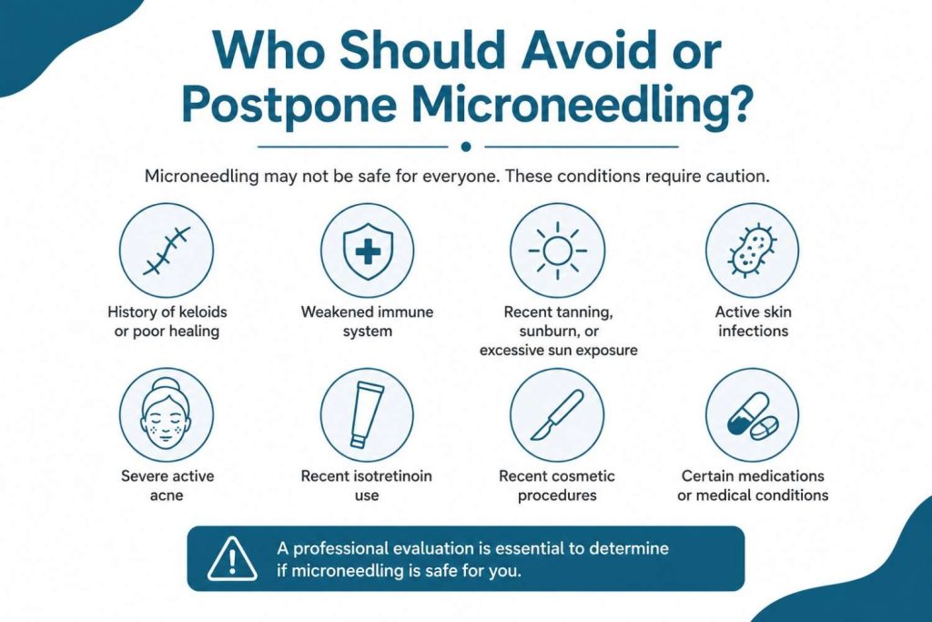 Medical infographic outlining situations in which microneedling should be avoided or postponed, including active skin infections, severe acne, poor wound healing, recent cosmetic procedures, and other conditions requiring professional evaluation.
