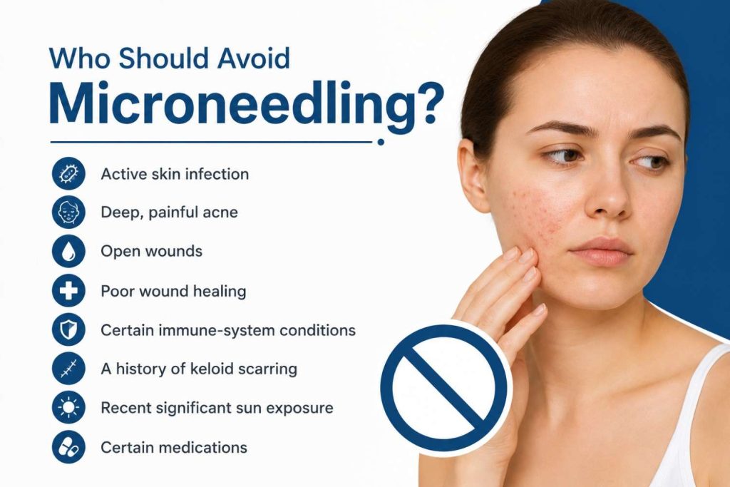 Infographic highlighting who should avoid microneedling, including individuals with active skin infections, severe acne, open wounds, poor wound healing, immune conditions, keloid scarring, recent sun exposure, and certain medications.
