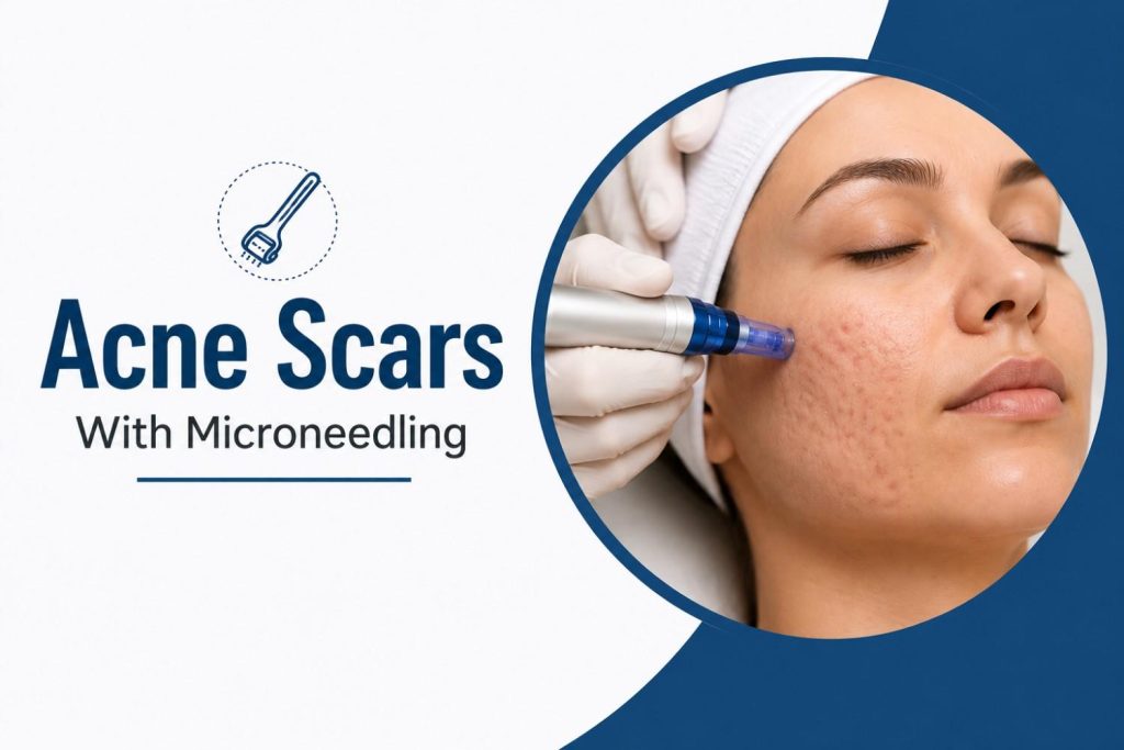 Featured image showing a patient receiving microneedling treatment for acne scars, illustrating skin rejuvenation and collagen induction in a blue and white dermatology design.