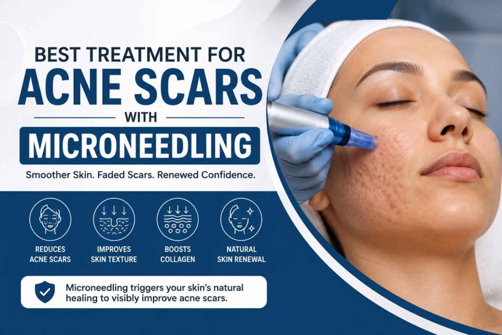 Featured image showing a microneedling procedure for acne scars, highlighting skin rejuvenation and collagen stimulation in a blue and white aesthetic clinic design.