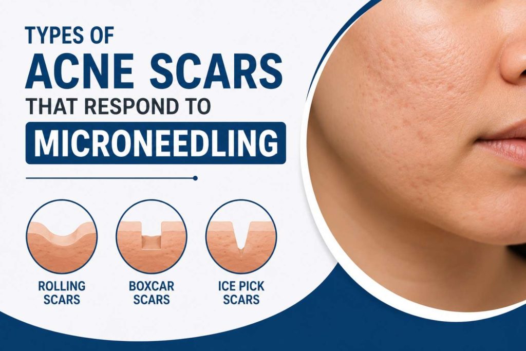Featured image illustrating the types of acne scars that respond to microneedling, including rolling scars, boxcar scars, and ice-pick scars in a blue and white dermatology design.