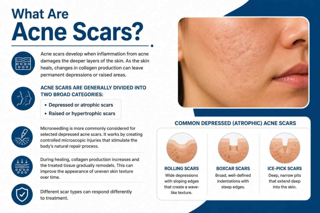 Infographic explaining what acne scars are, showing atrophic and hypertrophic scar types, common atrophic acne scar patterns, and how microneedling supports collagen remodeling in a blue and white design.