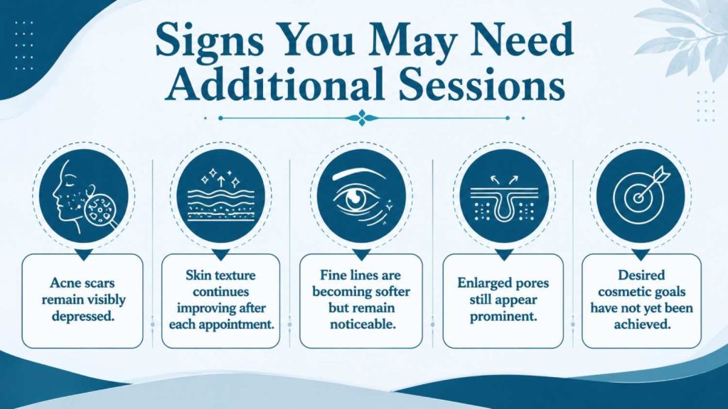 Infographic showing signs you may need additional microneedling sessions, including persistent acne scars, uneven skin texture, fine lines, enlarged pores, and unmet skin improvement goals.