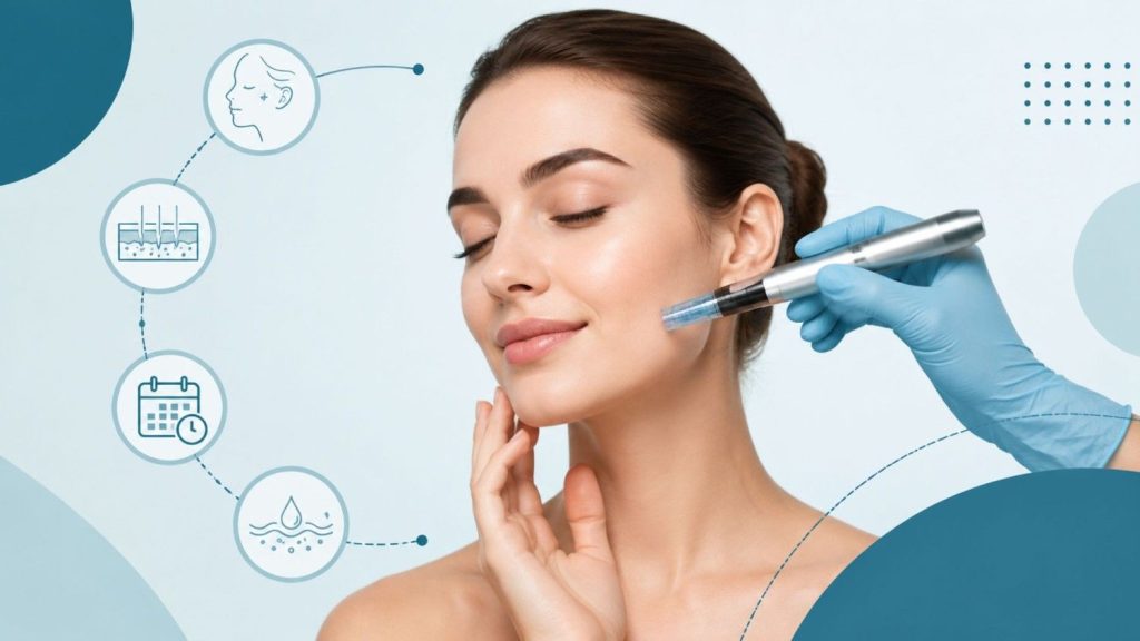 Person receiving a facial microneedling treatment to improve skin texture, stimulate collagen production, and support gradual skin rejuvenation.