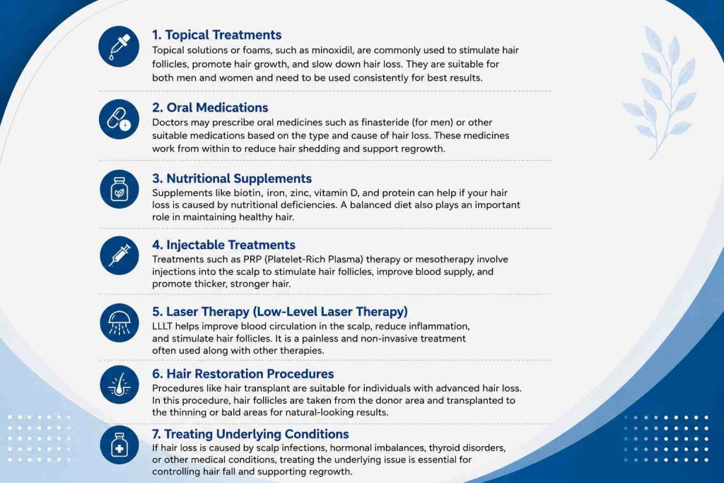 Hair fall treatment options including topical treatments, oral medicines, PRP therapy, laser therapy, and hair restoration