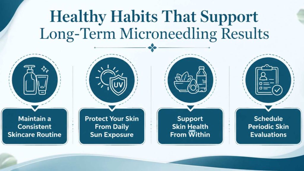 Healthy habits that support long-term microneedling results including consistent skincare, sun protection, healthy lifestyle, and regular skin evaluations.