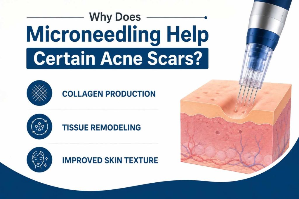 Infographic explaining how microneedling helps certain acne scars by promoting collagen production, tissue remodeling, and improved skin texture in a blue and white dermatology design.
