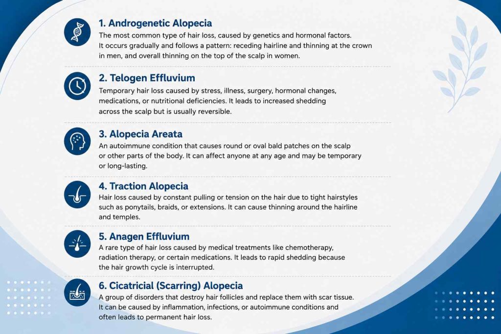 Types of hair loss including androgenetic alopecia, telogen effluvium, alopecia areata, and traction alopecia