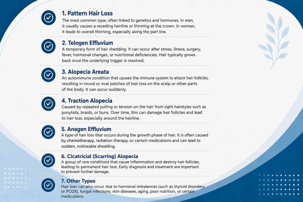 Different types of hair loss including pattern hair loss, telogen effluvium, alopecia areata, and traction alopecia