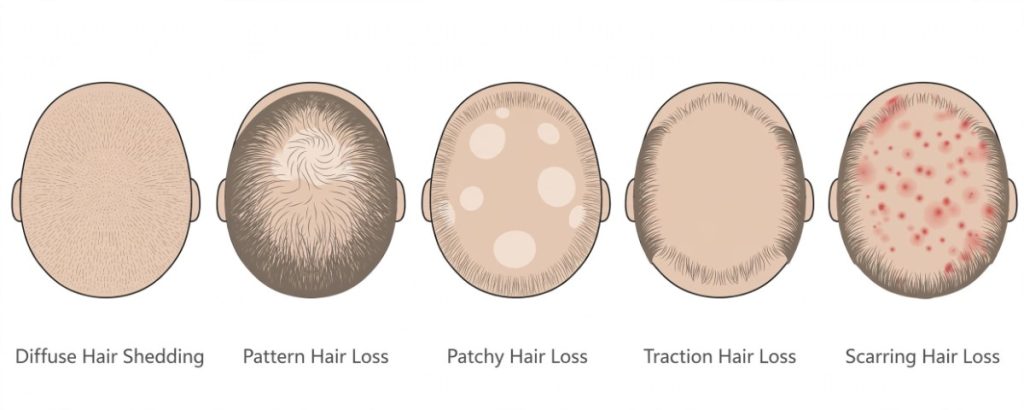Five common hair loss patterns including diffuse hair shedding, pattern hair loss, patchy hair loss, traction hair loss, and scarring hair loss