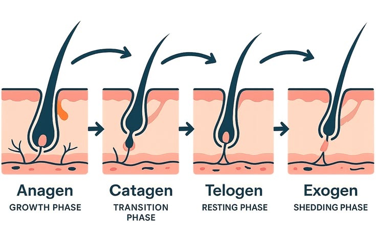 Anagen, catagen, telogen, and exogen phases of the hair growth cycle